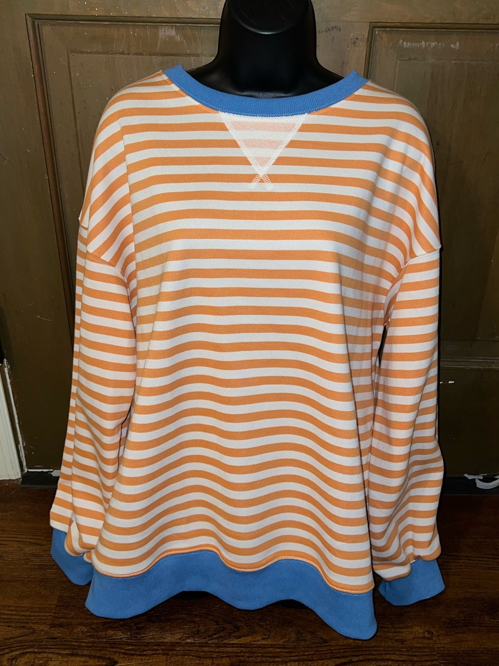 Oversized Crewneck Sweater Retro 70’s Relaxed Fit Orange White Stripes Size M - Picture 3 of 8